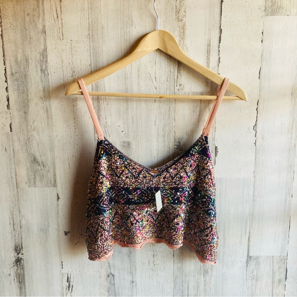 NWT $128 Free People Shimmy Tank XS Sequin Twilight Rose Combo Cropped Scalloped